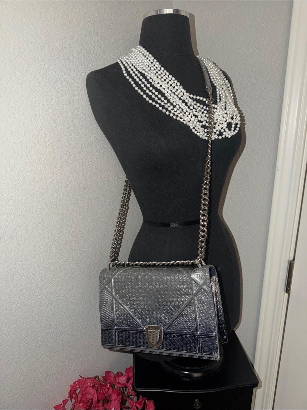 Dior Metallic Gunmetal Gray Leather Shoulder Bag with Chain Strap